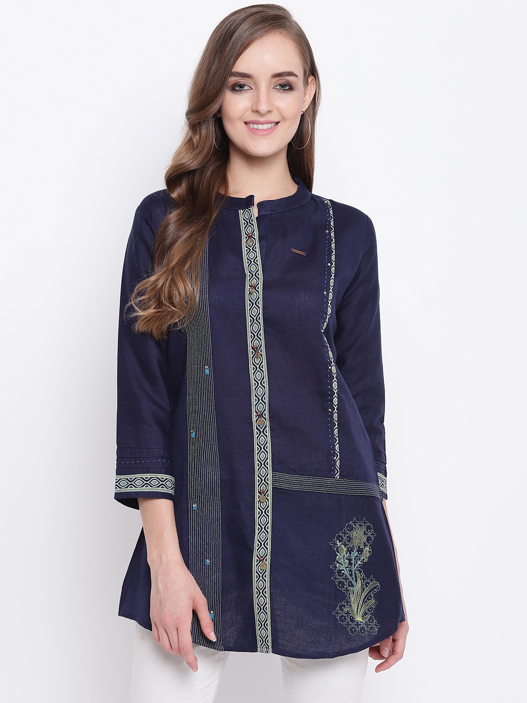 

Kvsfab Women Navy Blue Embroidered A-Line Kurti