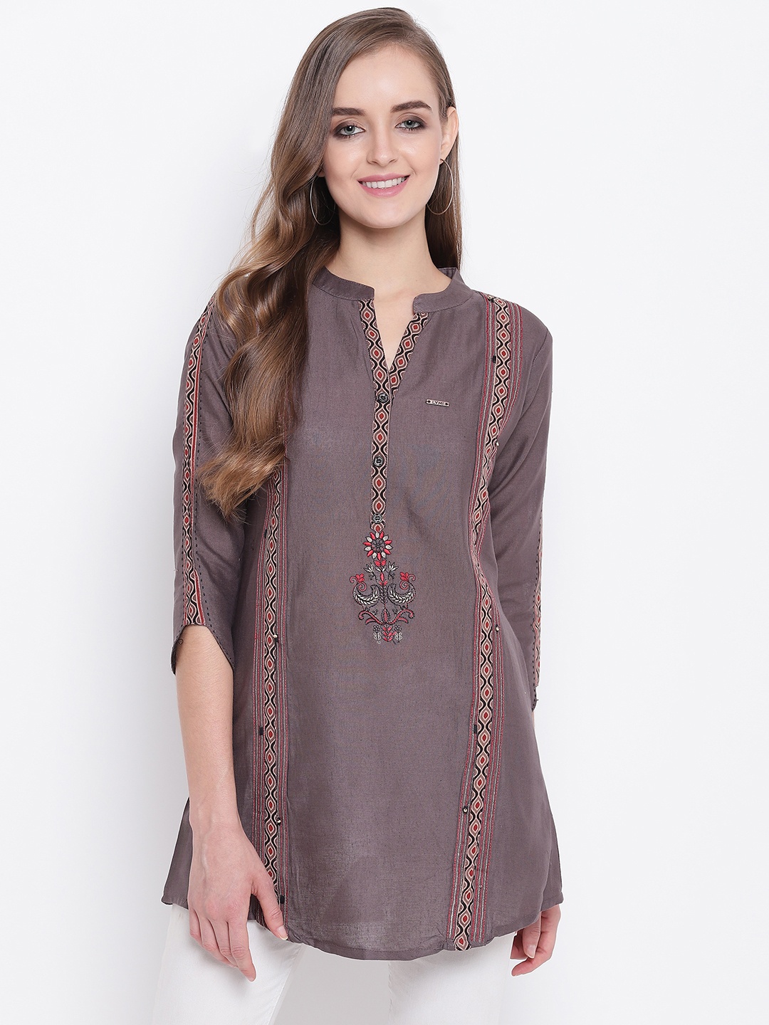 

Kvsfab Women Grey Embroidered A-Line Kurti