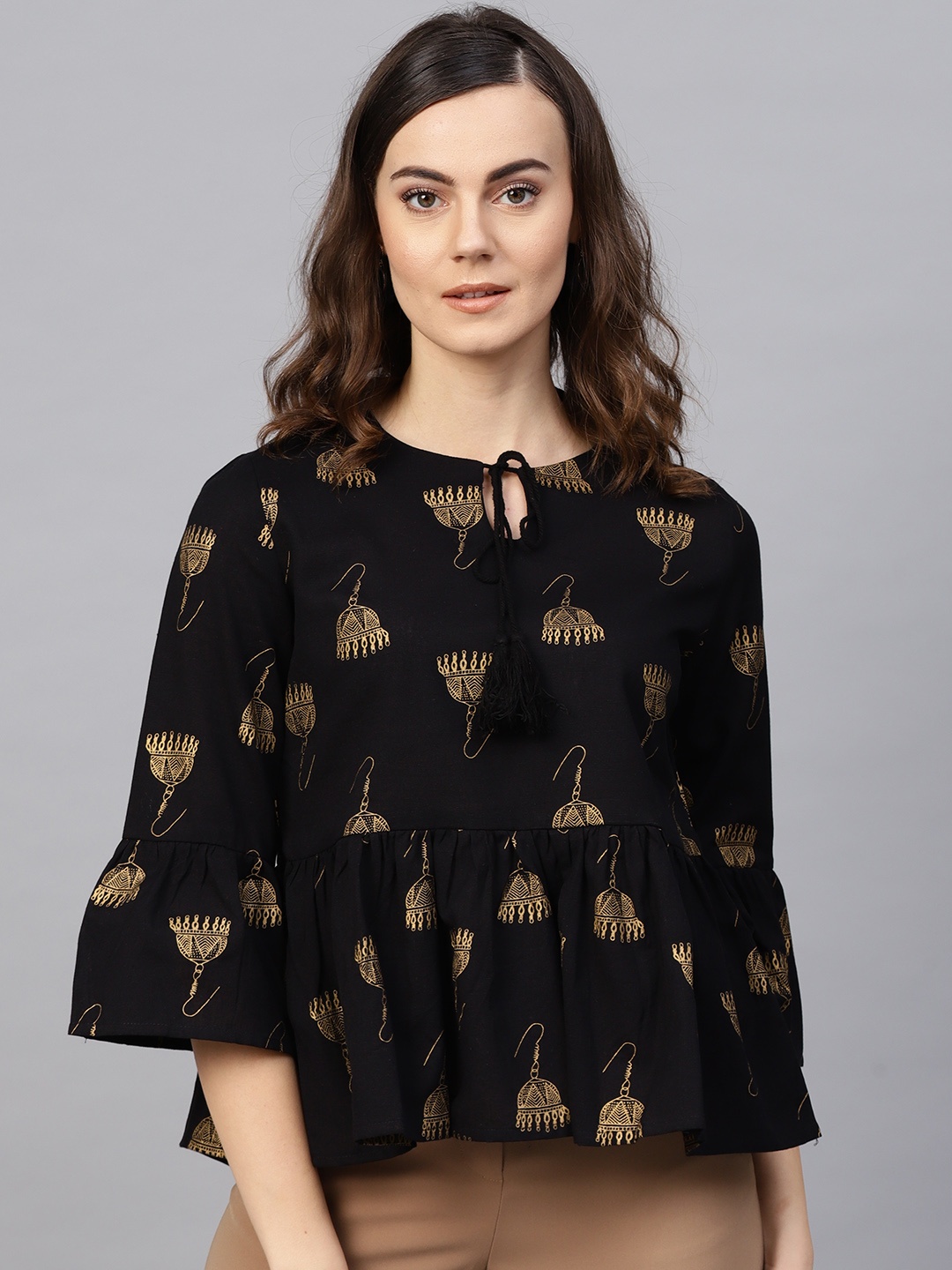 

RARE ROOTS Women Black Printed Peplum Pure Cotton Top