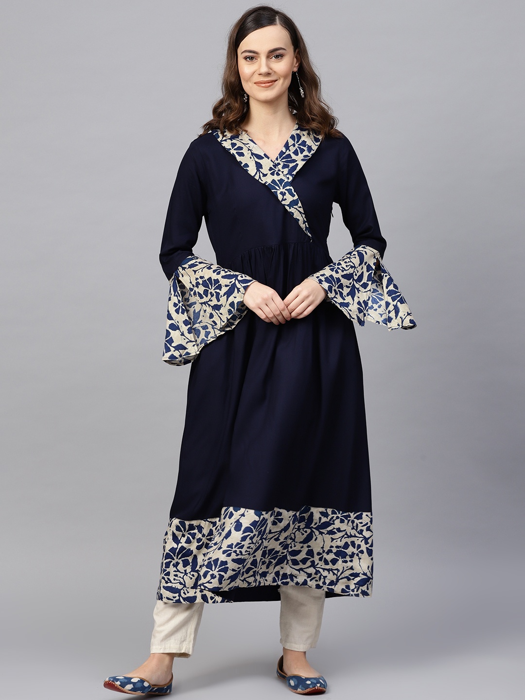 

RARE ROOTS Women Navy Blue & Beige Yoke Design Angrakha A-Line Kurta