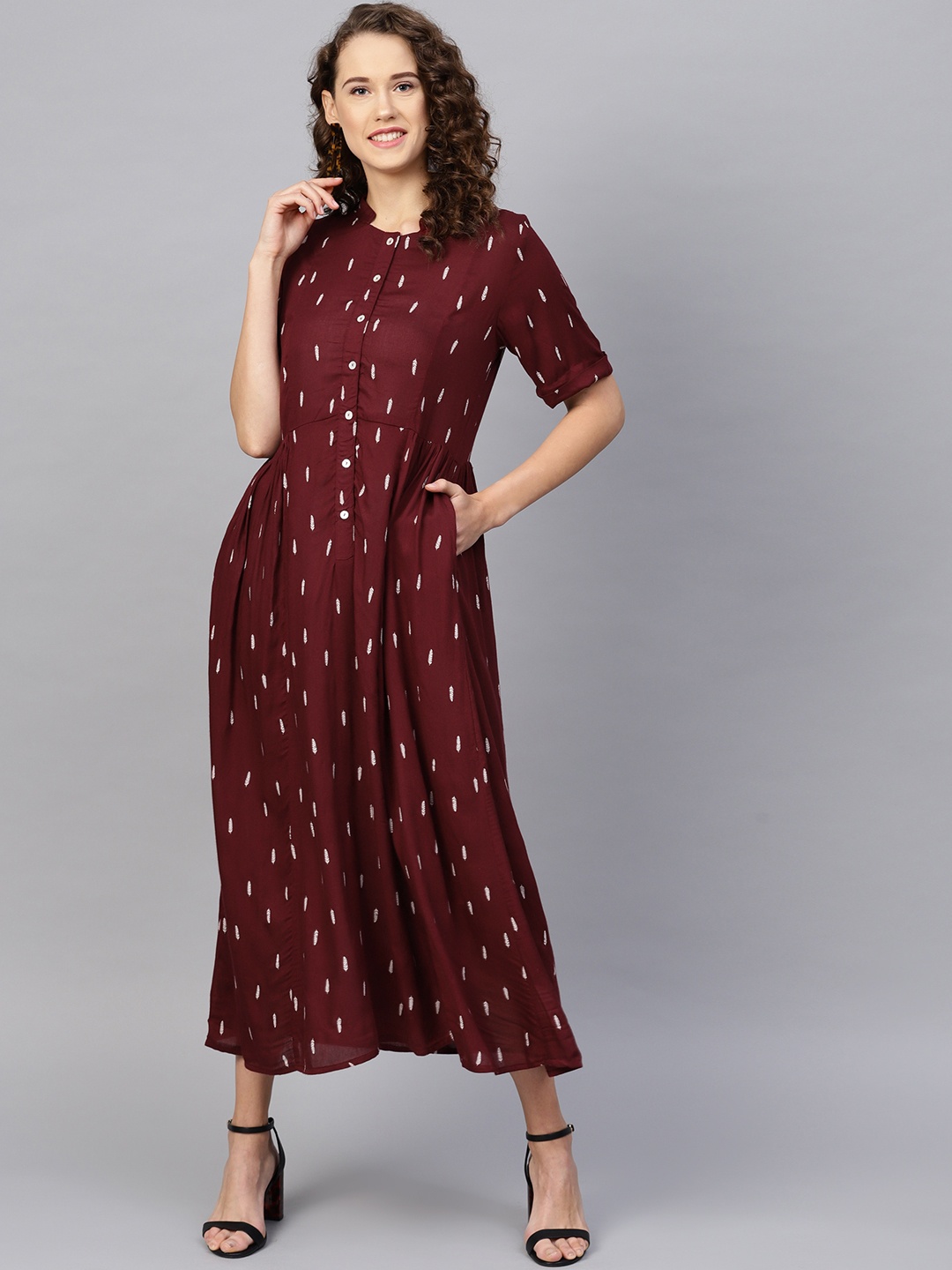 

RARE ROOTS Women Maroon & White Printed Maxi Dress