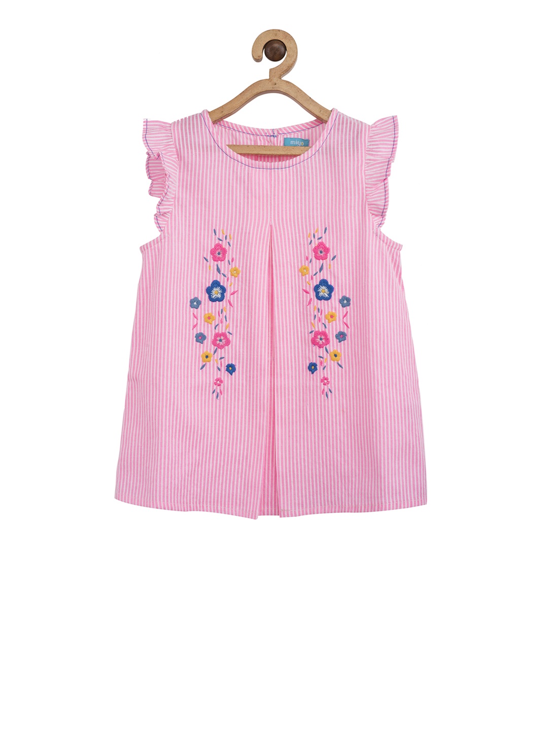 

Miyo Girls Pink & White Striped Embroidered A-Line Pure Cotton Top