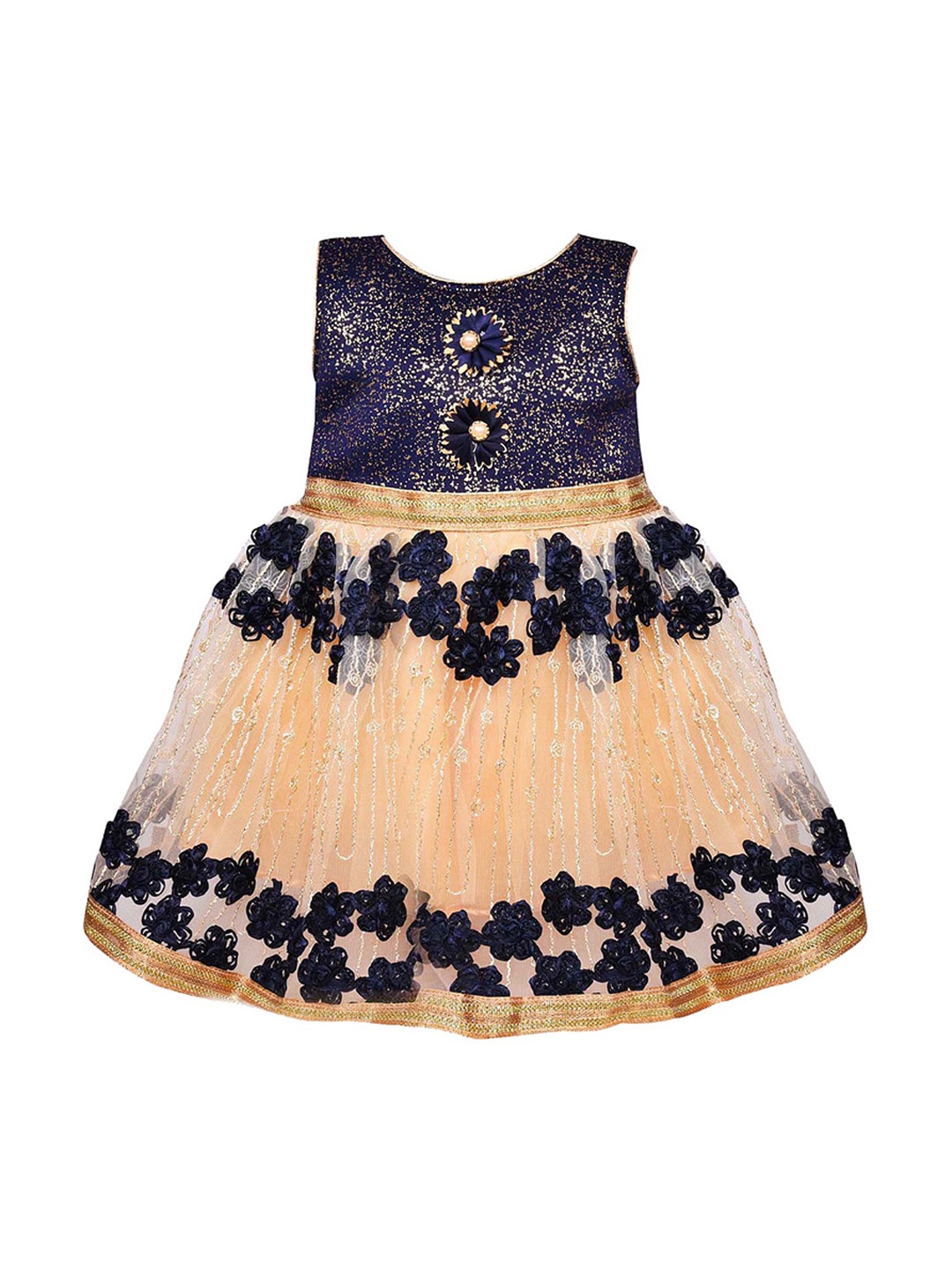

Wish Karo Girls Navy Blue & Beige Net Embroidered Fit & Flare Dress with Applique Detail