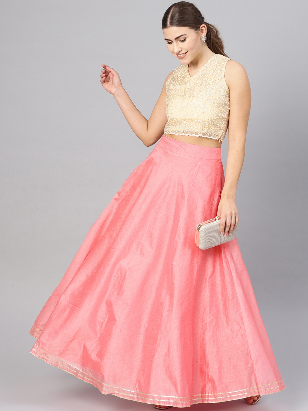 

Inddus Women Pink Solid Chanderi Maxi Flared Skirt