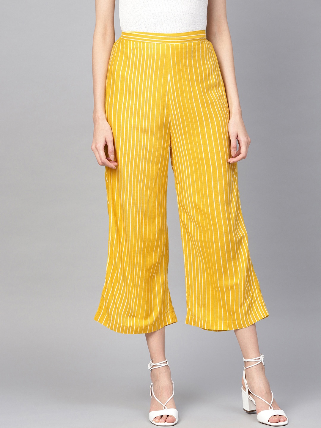 

Pannkh Women Yellow & White Striped Cropped Straight Palazzos