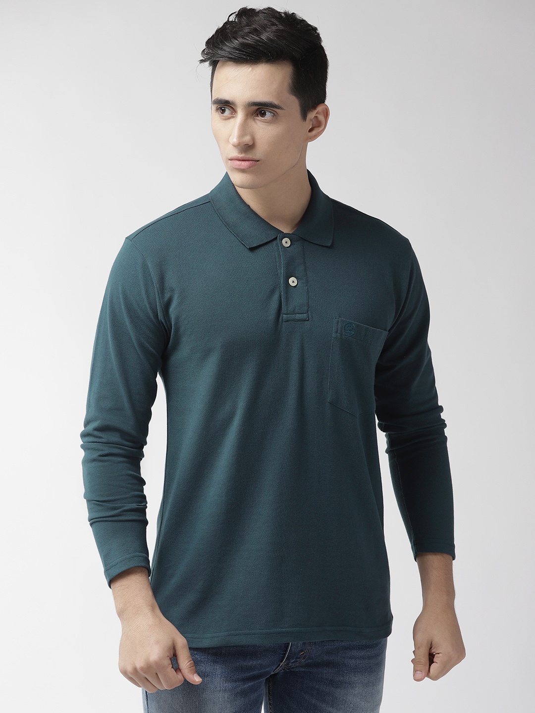 

CHKOKKO Men Teal Blue Solid Polo Collar T-shirt