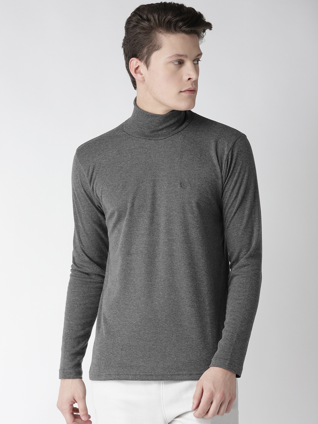 

Chkokko Men Charcoal Grey Solid High Neck T-shirt