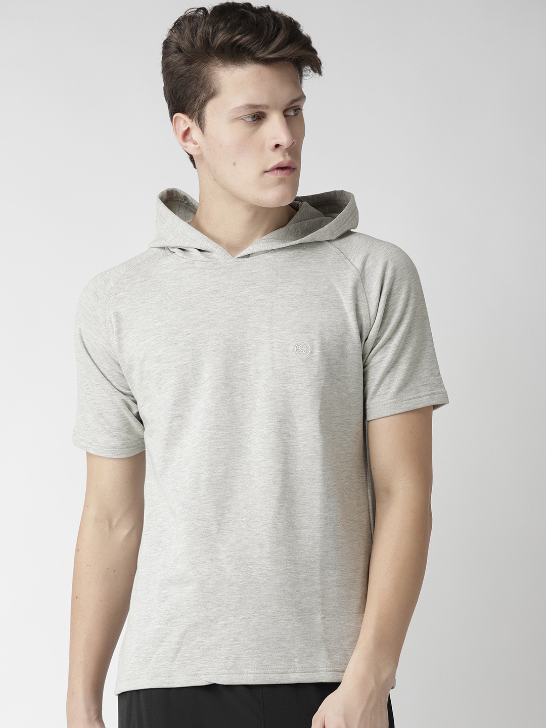

CHKOKKO Men Grey Melange Solid Hooded Running T-shirt