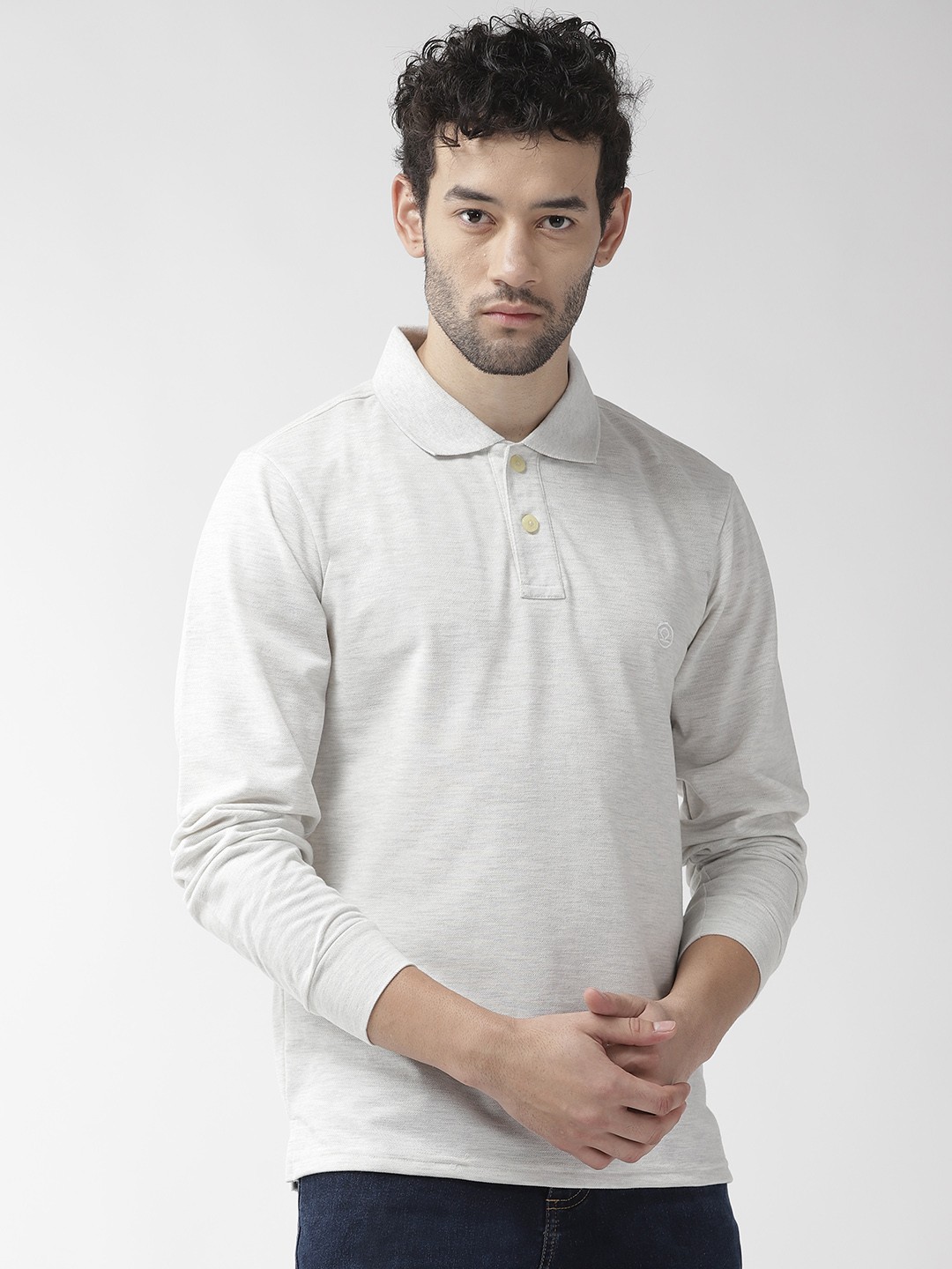 

CHKOKKO Men Grey Melange Solid Polo Collar T-shirt