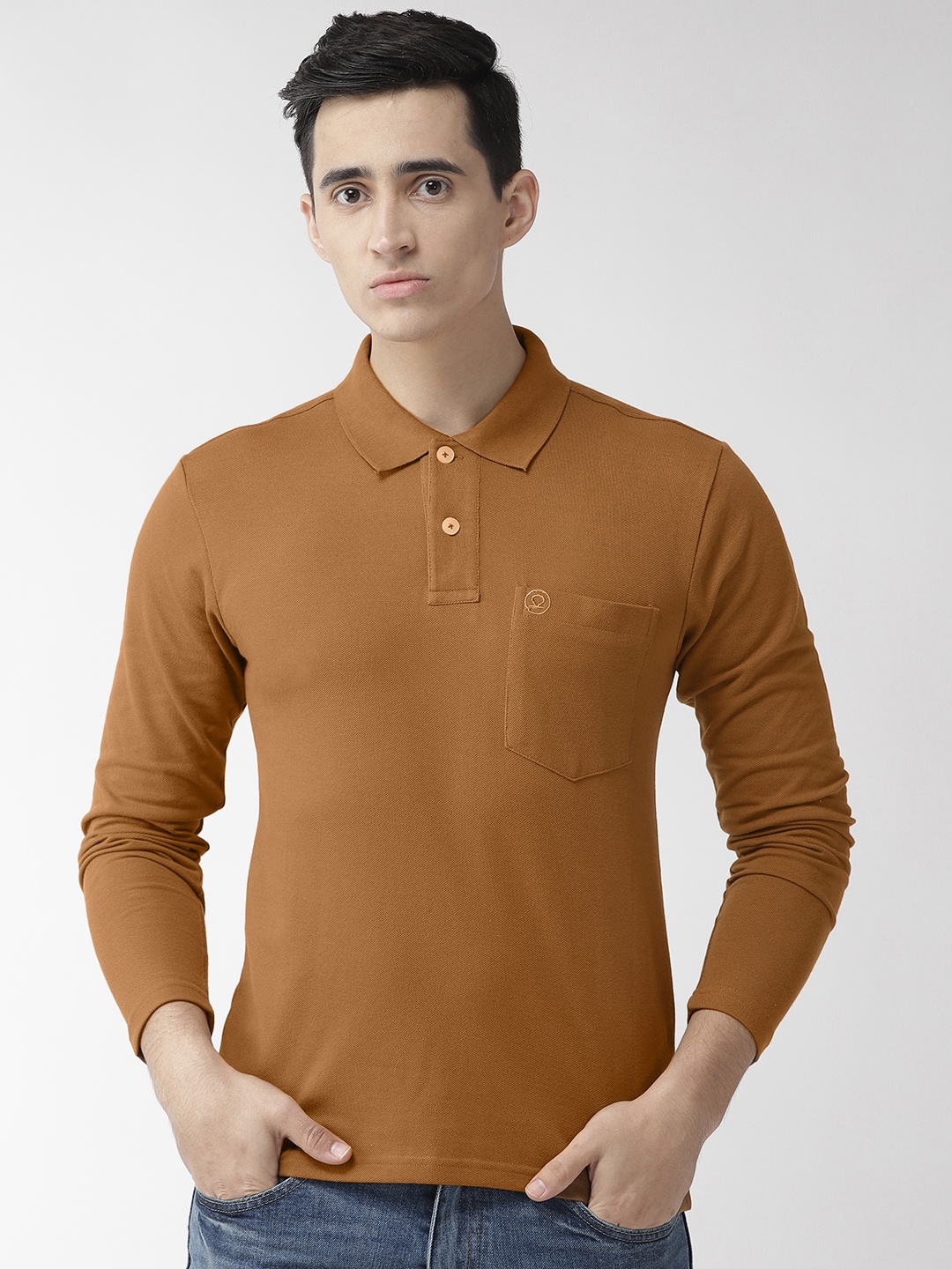 

Chkokko Men Mustard Brown Solid Polo Collar T-shirt