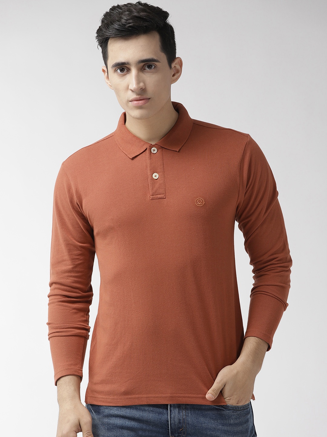 

Chkokko Men Rust Orange Solid Polo Collar T-shirt