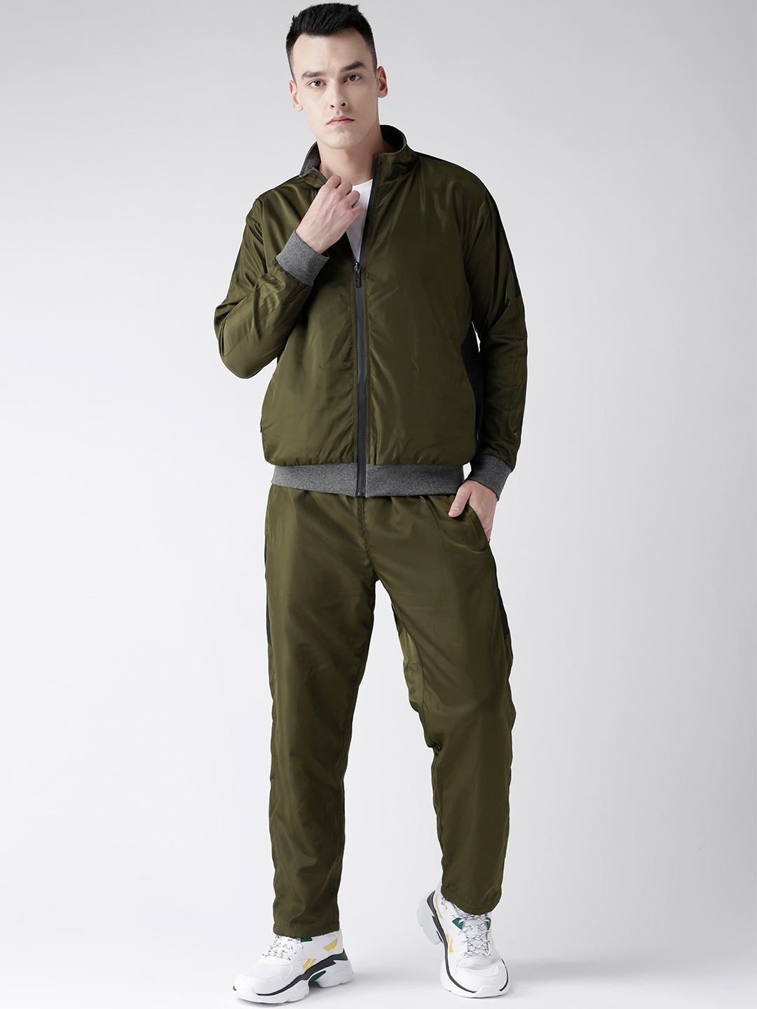 

CHKOKKO Men Olive Green & Charcoal Grey Solid Reversible Sports Tracksuit
