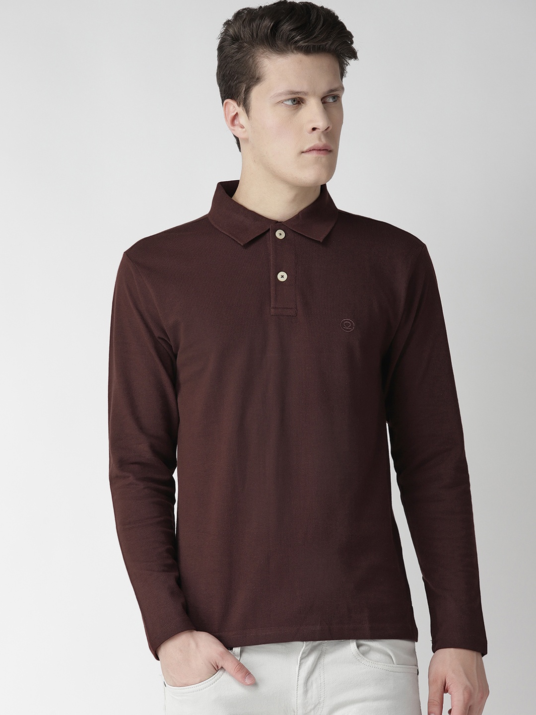 

CHKOKKO Men Coffee Brown Solid Polo Collar T-shirt