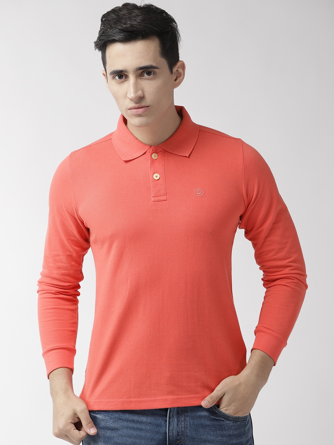 

Chkokko Men Coral Orange Solid Polo Collar T-shirt