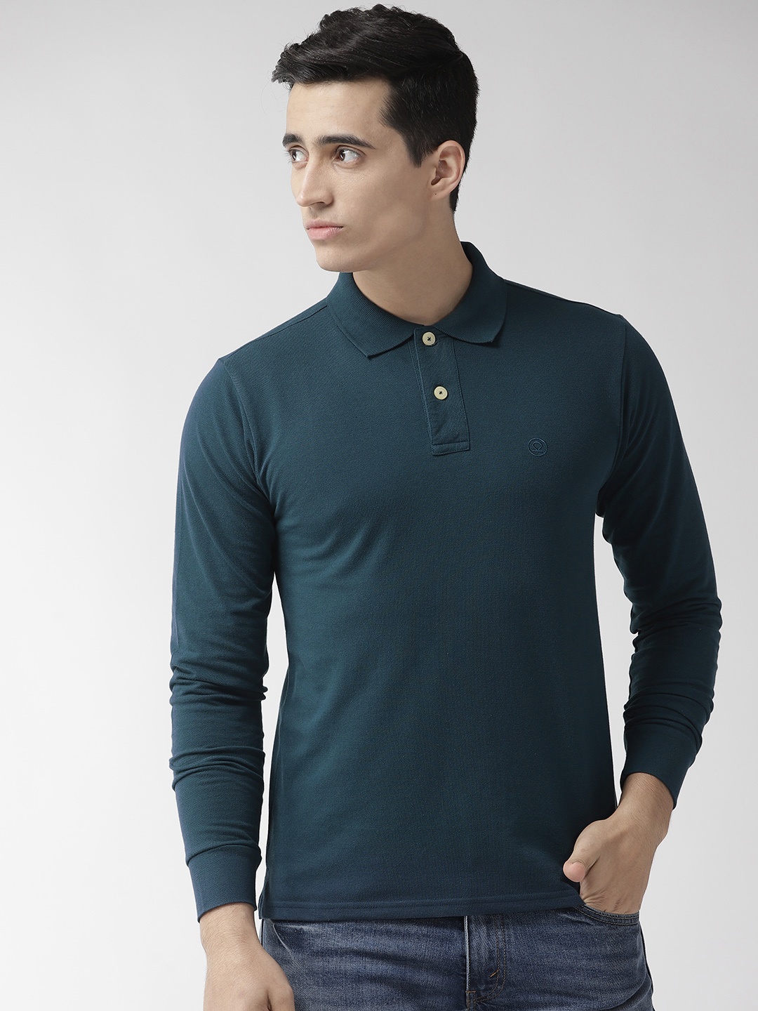 

Chkokko Men Teal Blue Solid Polo Collar T-shirt