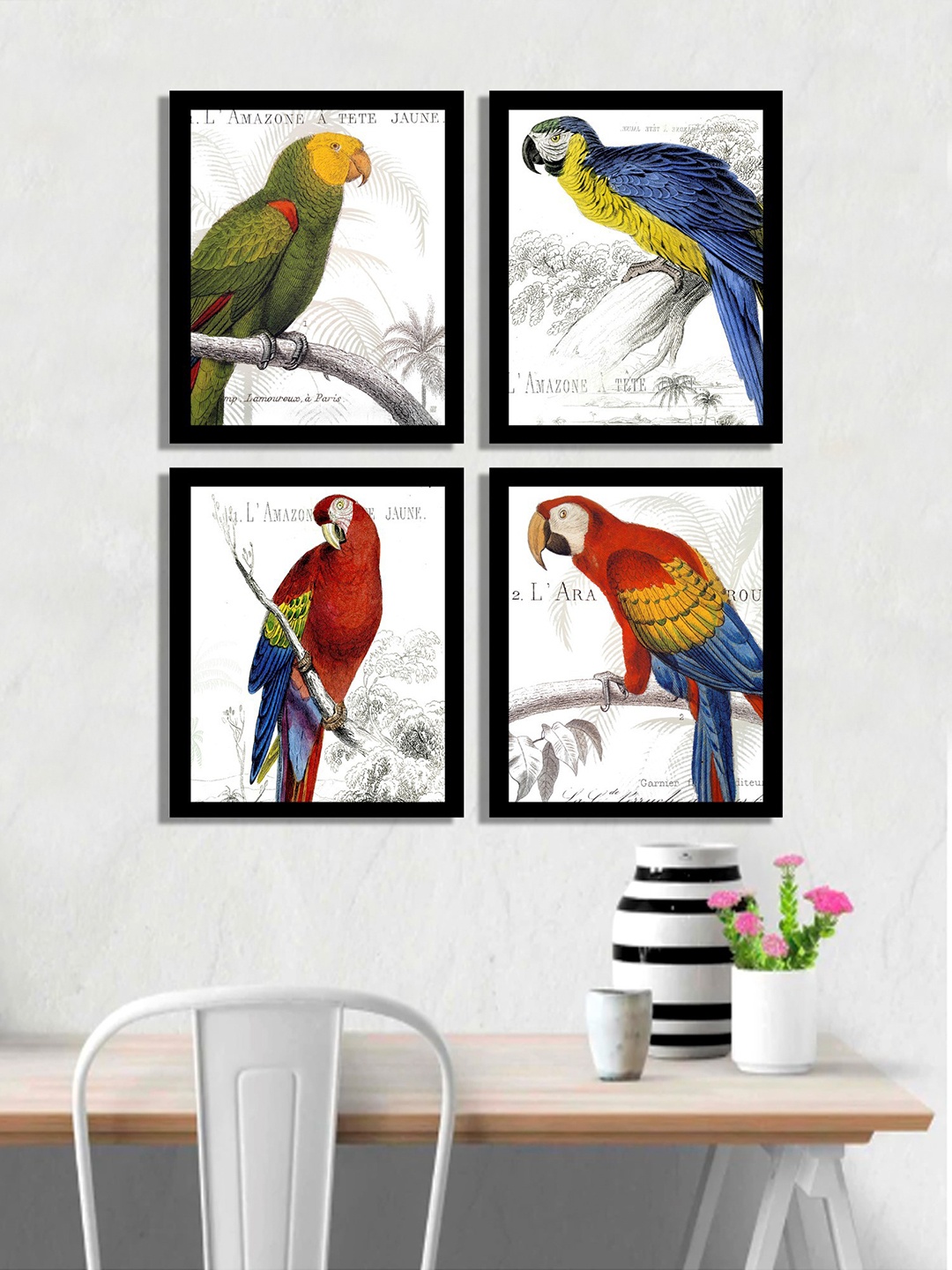 

Art Street Set of 4 Multicoloured Parrots UV Wall Art With Wooden Frame, Multi