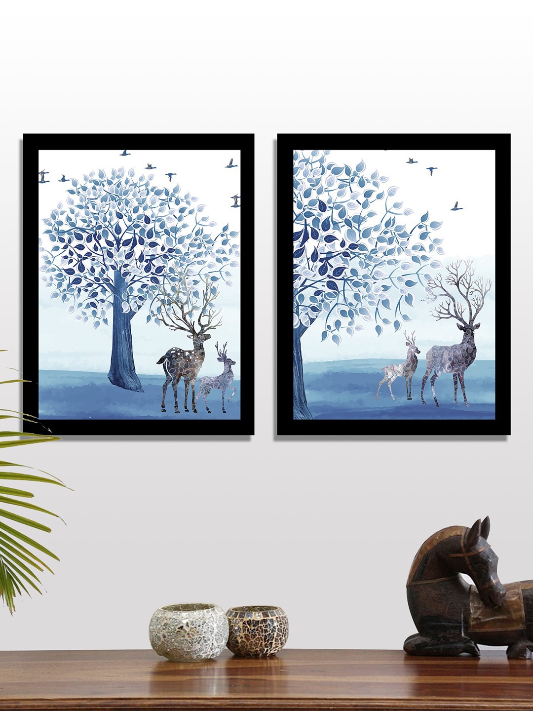 

Art Street Set of 2 Blue Deer With Tree UV Wall Art With Wooden Frame