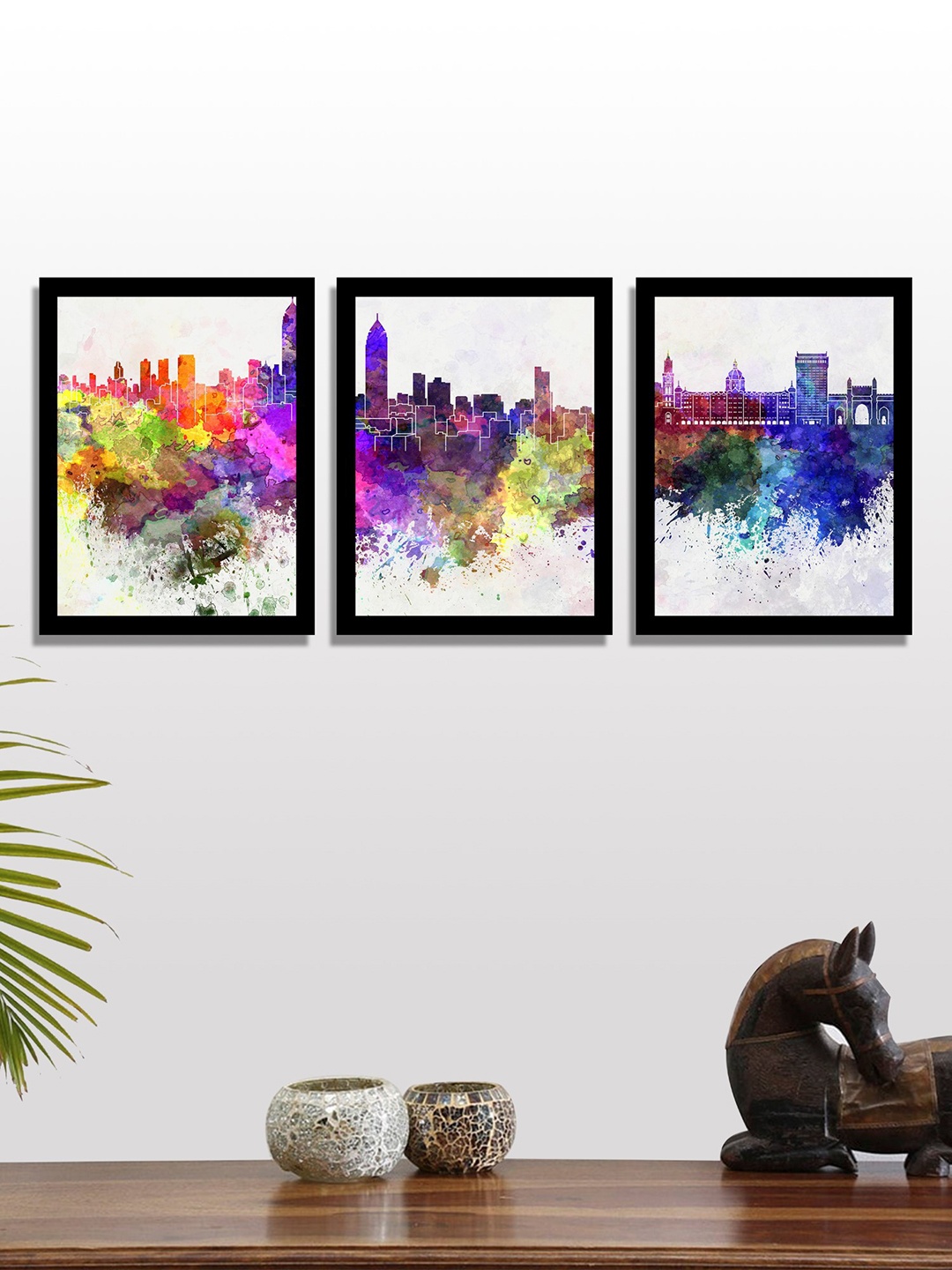 

Art Street Set of 3 Multicoloured Buildings UV Wall Art With Wooden Frame, Multi