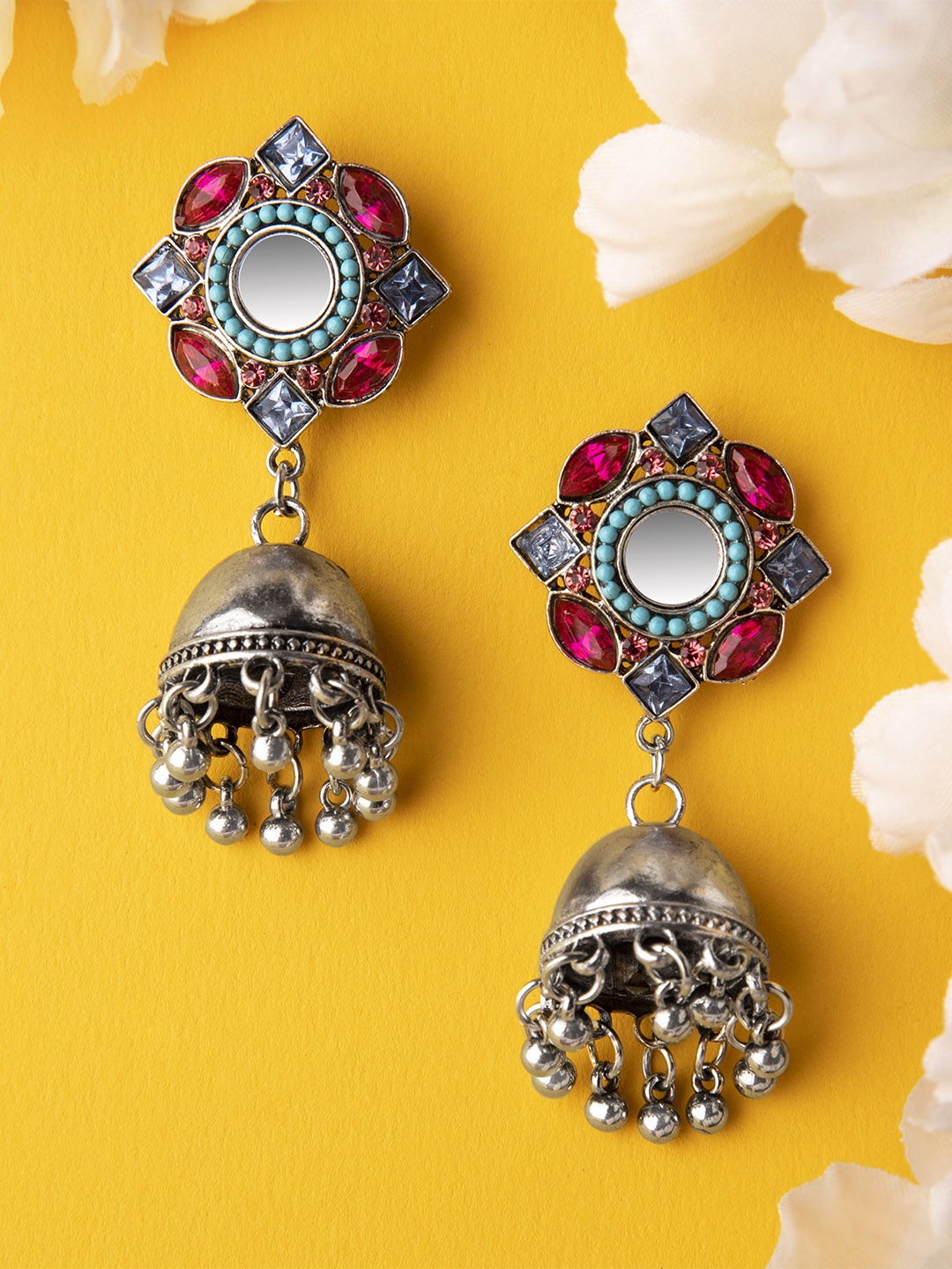 

Rubans Silver-Toned & Blue Dome Shaped Jhumkas