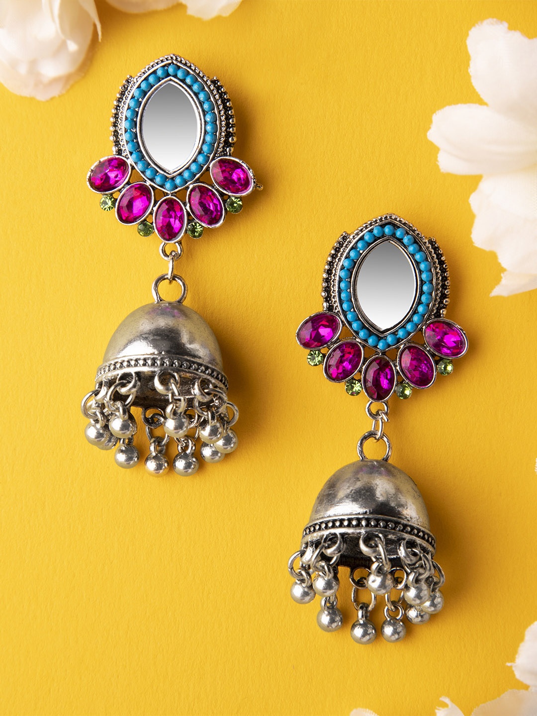 

Rubans Silver-Toned & Blue Dome Shaped Jhumkas