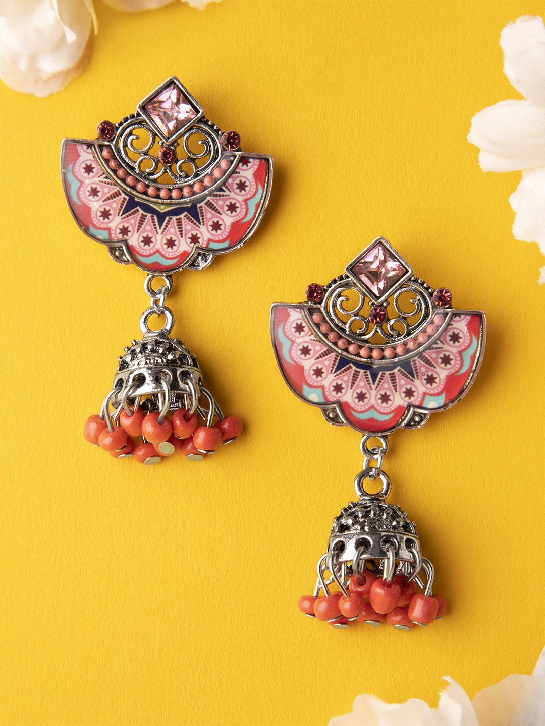 

Rubans Silver-Toned & Orange Floral Jhumkas