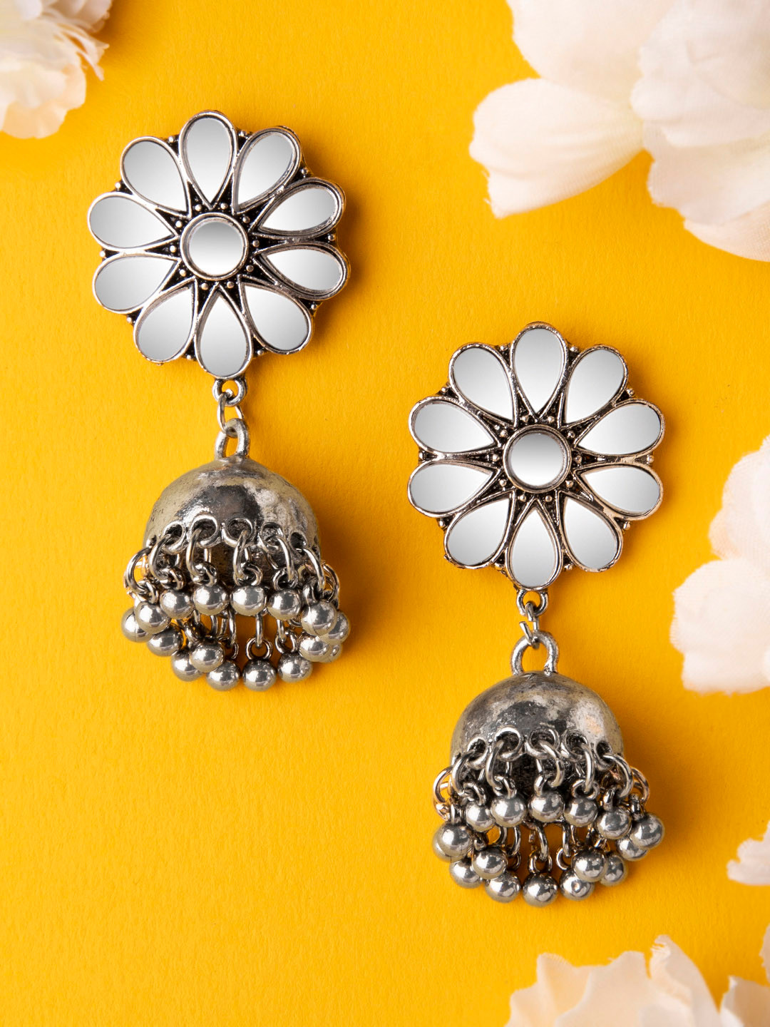 

Rubans Silver-Toned & White Dome Shaped Jhumkas