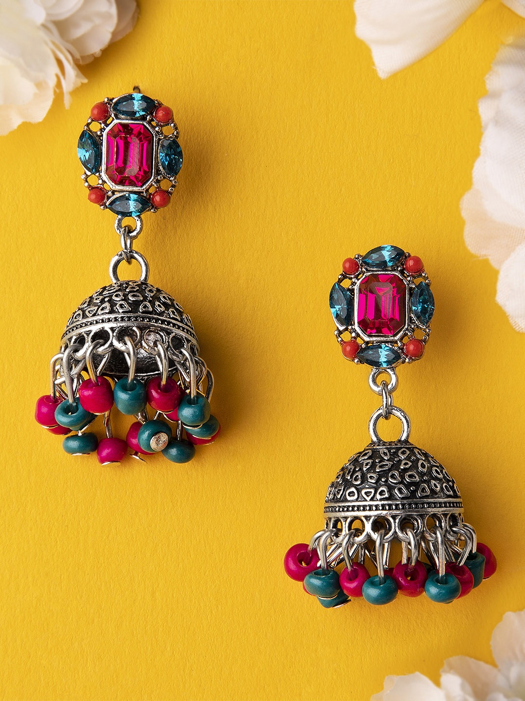 

Rubans Silver-Toned & Pink Dome Shaped Jhumkas