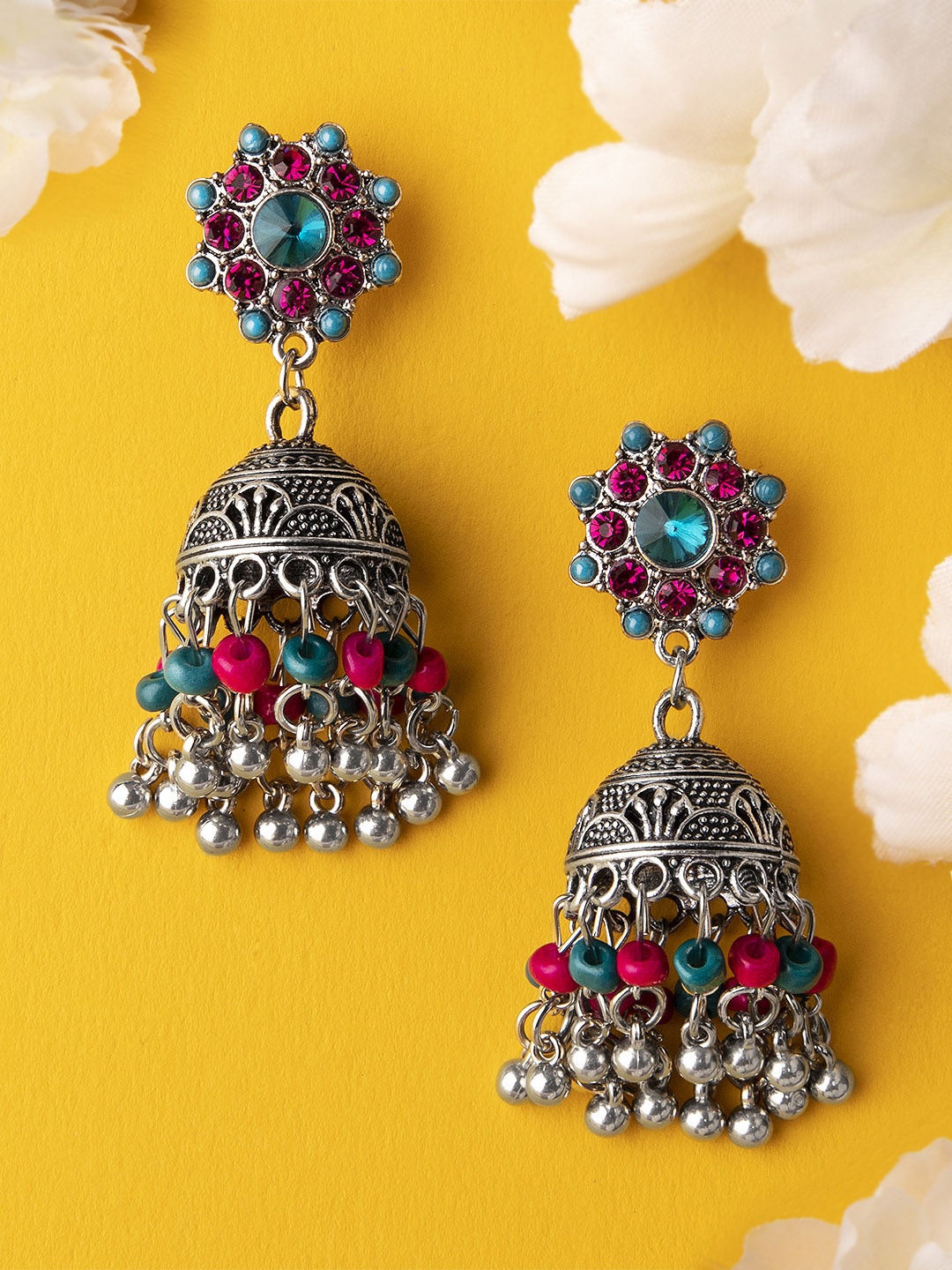 

Rubans Silver-Toned Floral Jhumkas