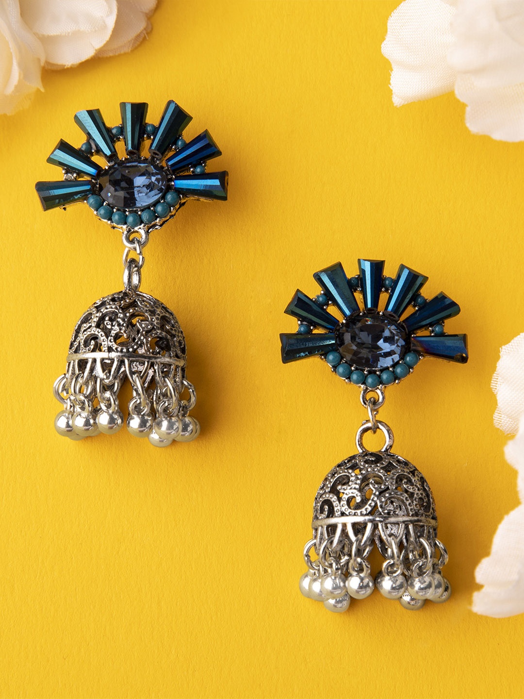 

Rubans Silver-Toned & Blue Floral Jhumkas