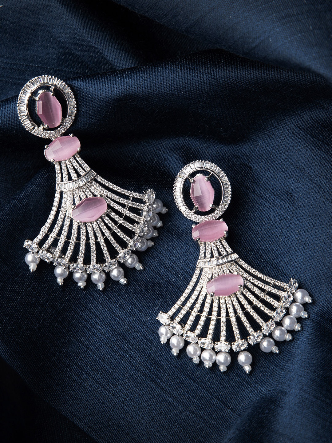 

Rubans Silver-Toned & Pink Contemporary Chandbalis