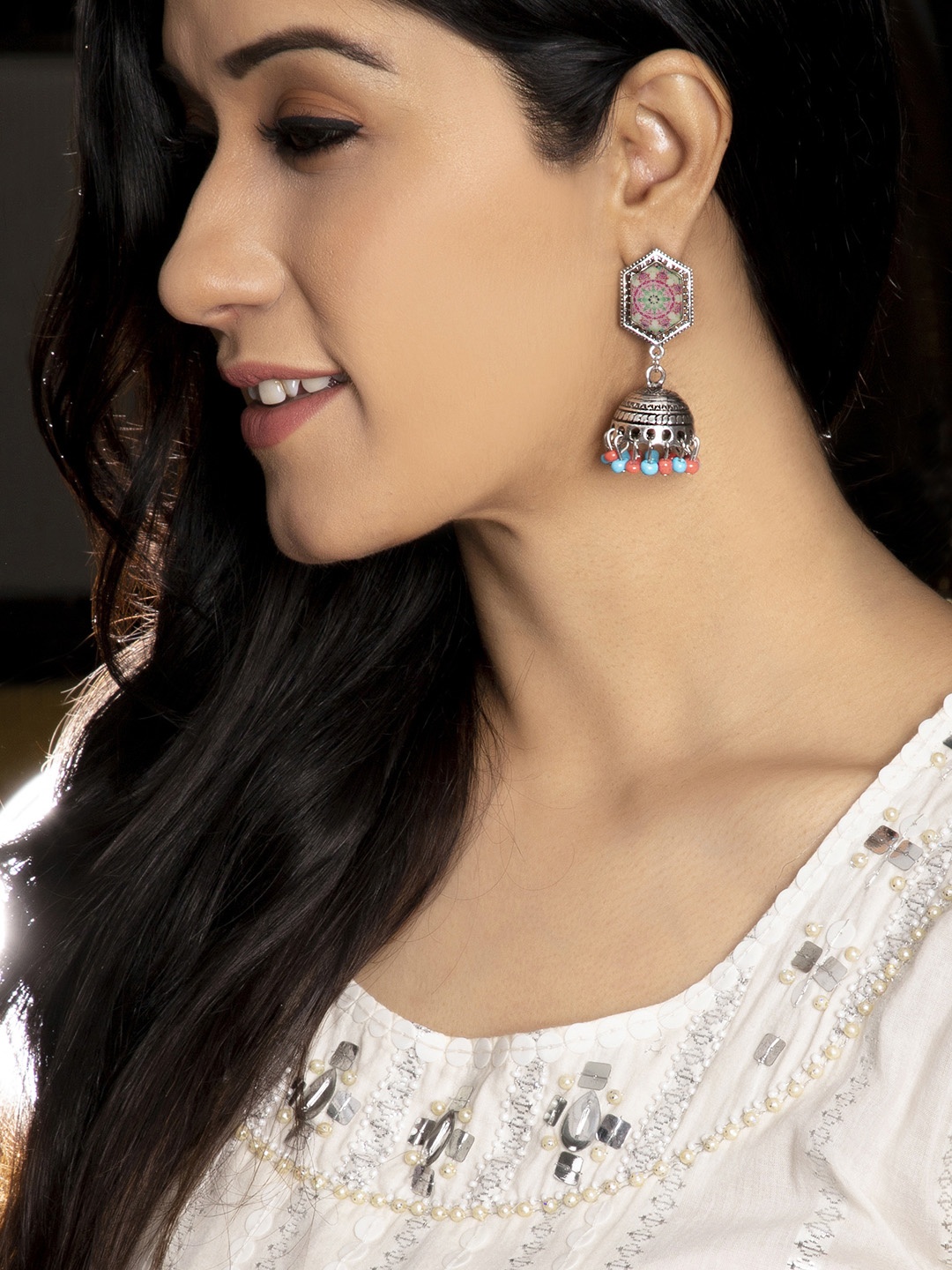 

Rubans Silver-Toned Dome Shaped Jhumkas