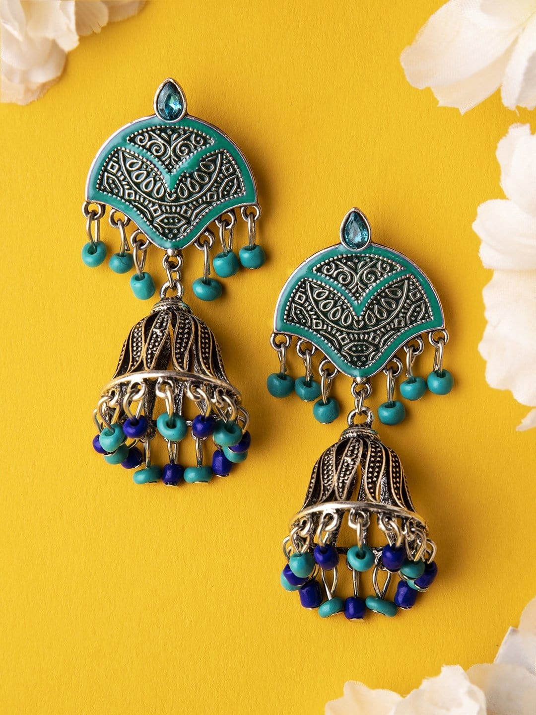 

Rubans Silver-Toned & Navy Blue Floral Jhumkas