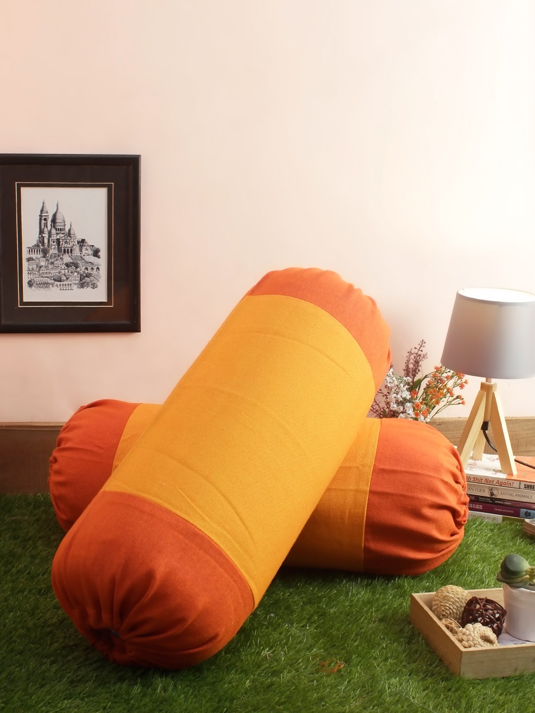 

Soumya Set of 2 Orange & Yellow Colourblocked 200TC Cotton Bolster Covers