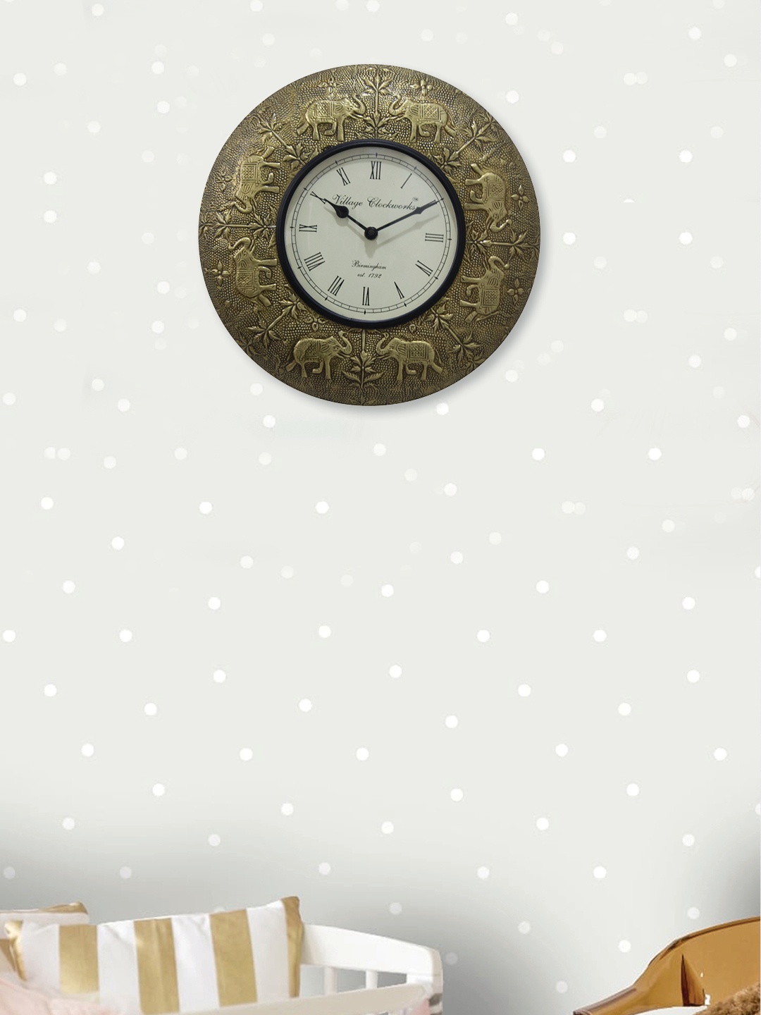 

RANDOM Off-White & Antique Gold-Toned Cladded Elephant Round Analogue Wall Clock