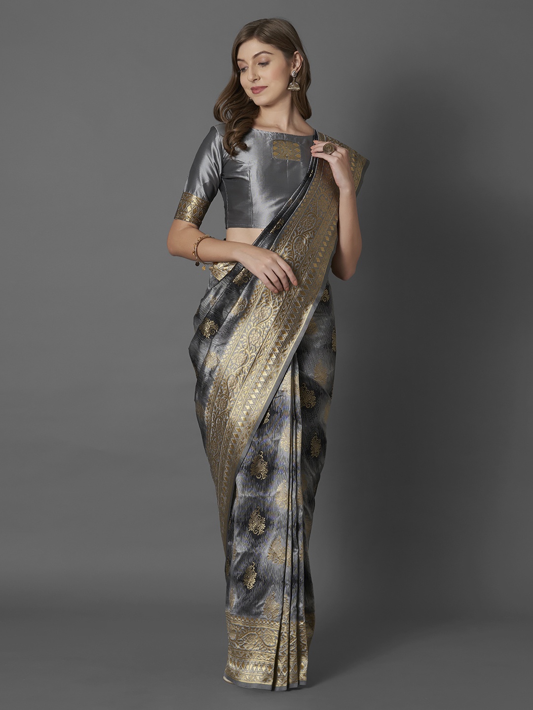 

Mitera Grey Silk Blend Woven Design Banarasi Saree