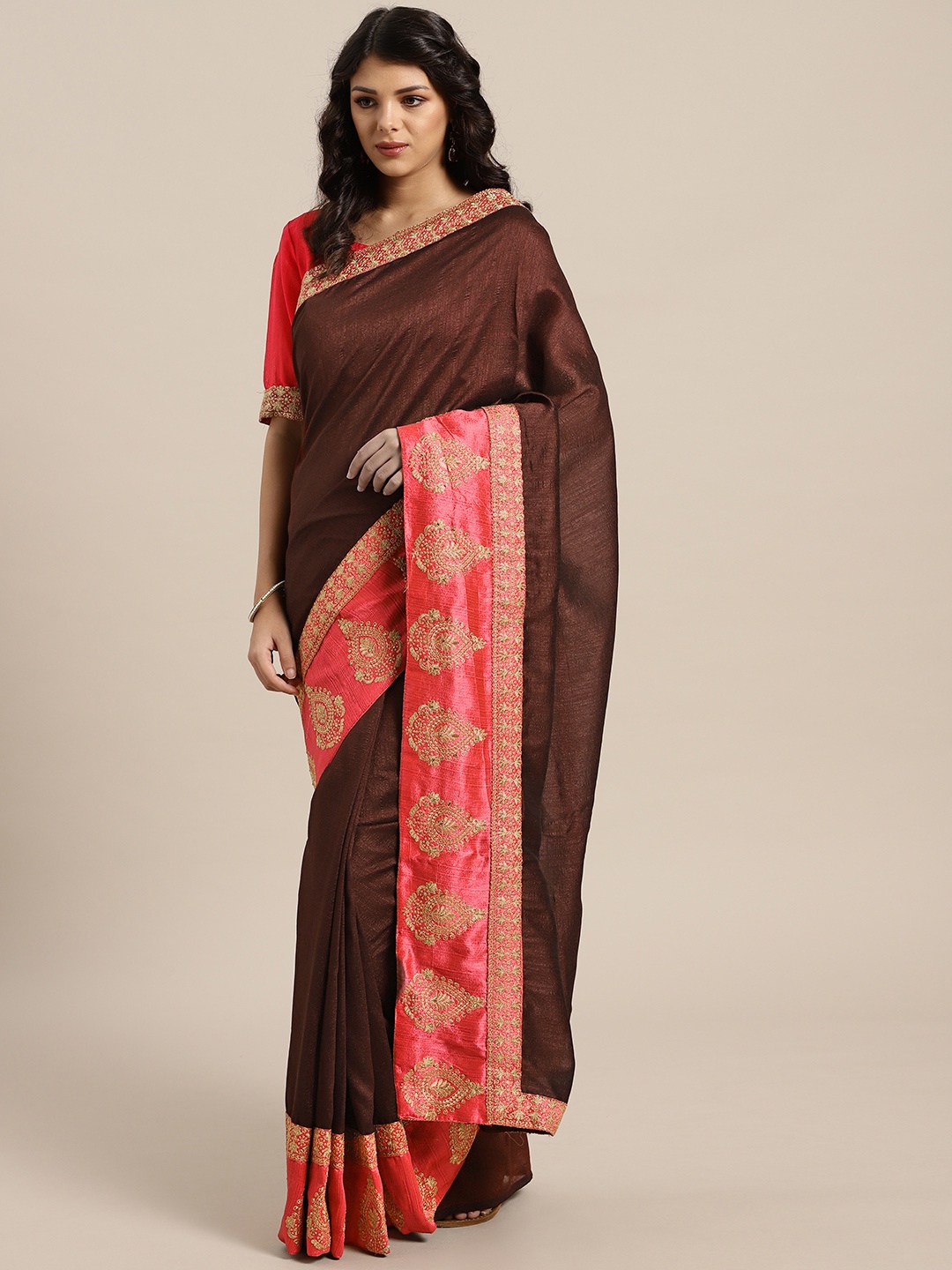 

Saree mall Brown Solid Saree, Maroon