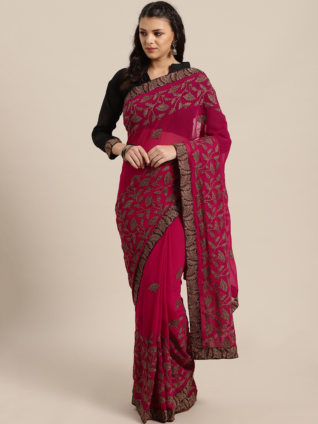 

Saree mall Magenta & Golden Embroidered Saree
