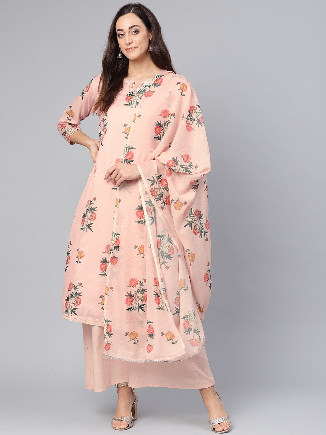 

Ishin Women Peach-Coloured & Green Block Printed Kurta with Palazzos & Dupatta