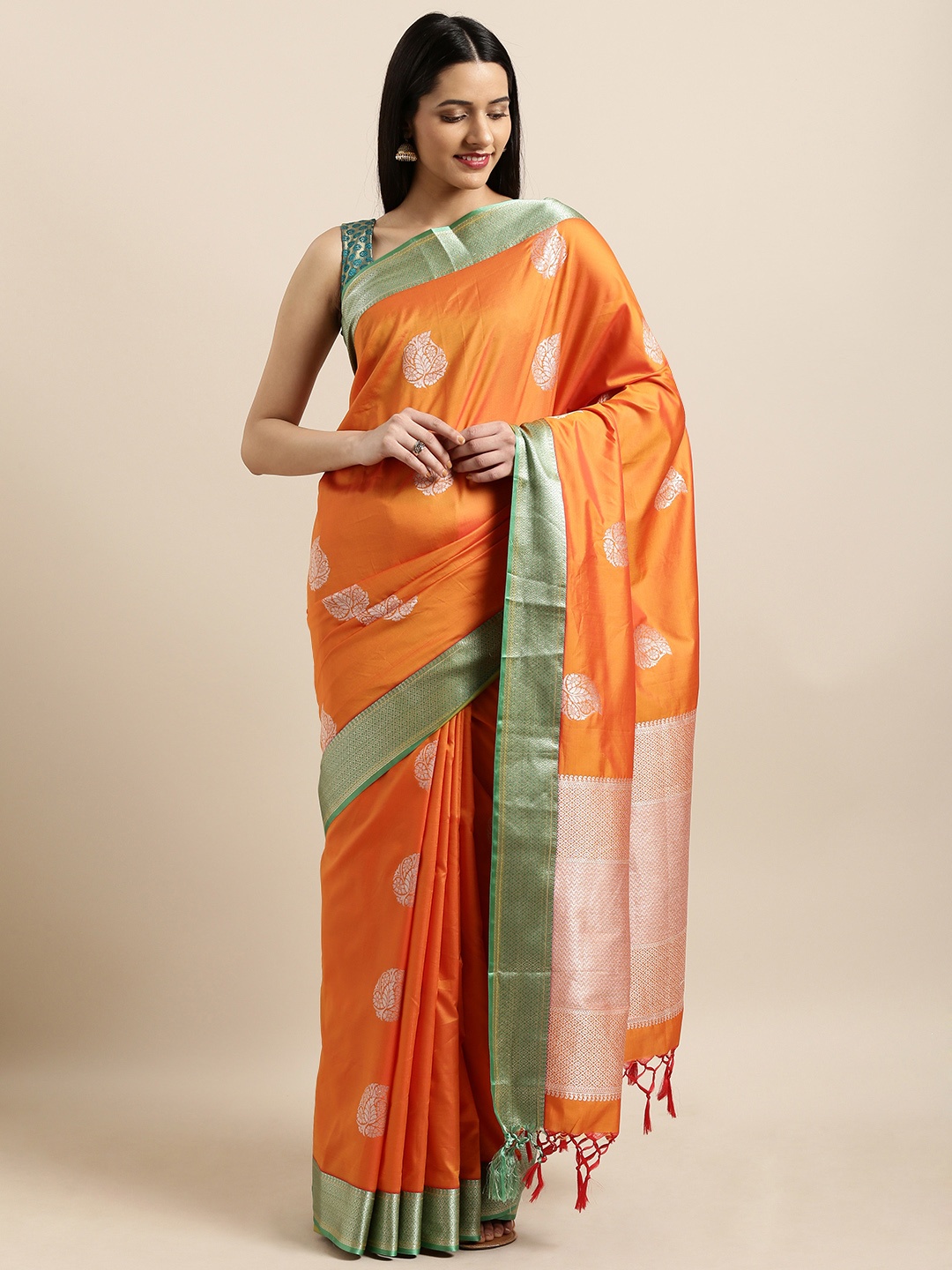 

Varkala Silk Sarees Mustard Yellow & Green Silk Blend Woven Design Kanjeevaram Saree