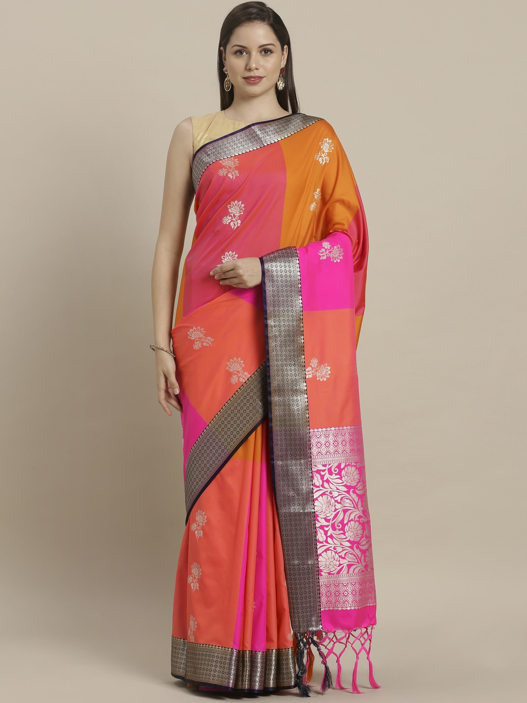 

Varkala Silk Sarees Orange & Pink Silk Blend Colourblocked Kanjeevaram Saree