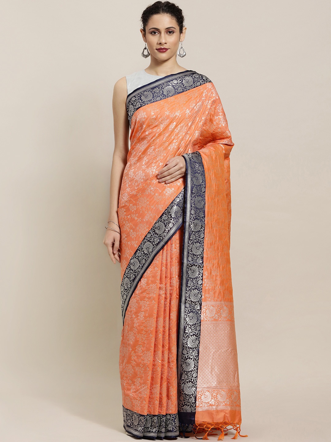 

Varkala Silk Sarees Orange Silk Blend Woven Design Kanjeevaram Saree