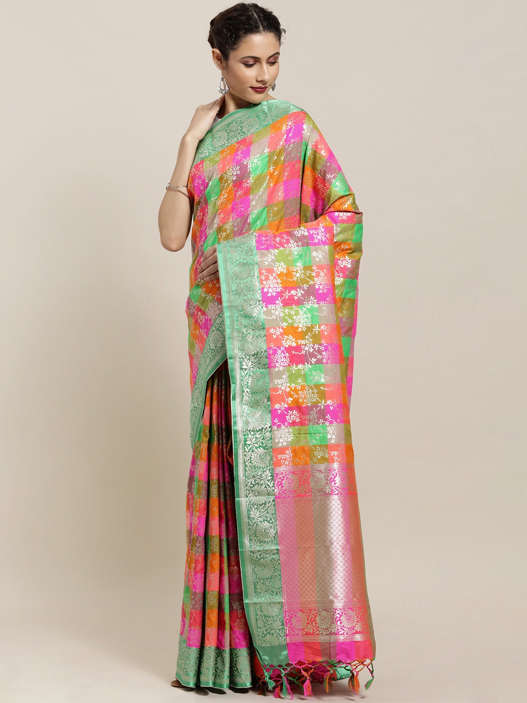 

Varkala Silk Sarees Orange & Green Silk Blend Checked Kanjeevaram Saree