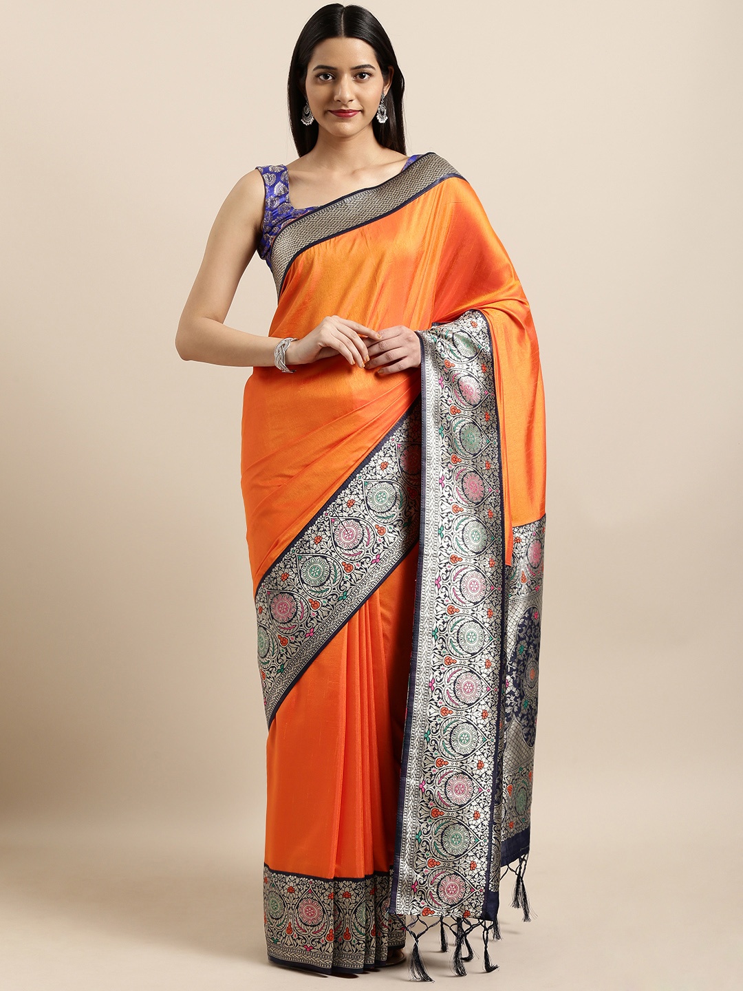

Varkala Silk Sarees Orange & Navy Blue Silk Blend Solid Banarasi Saree