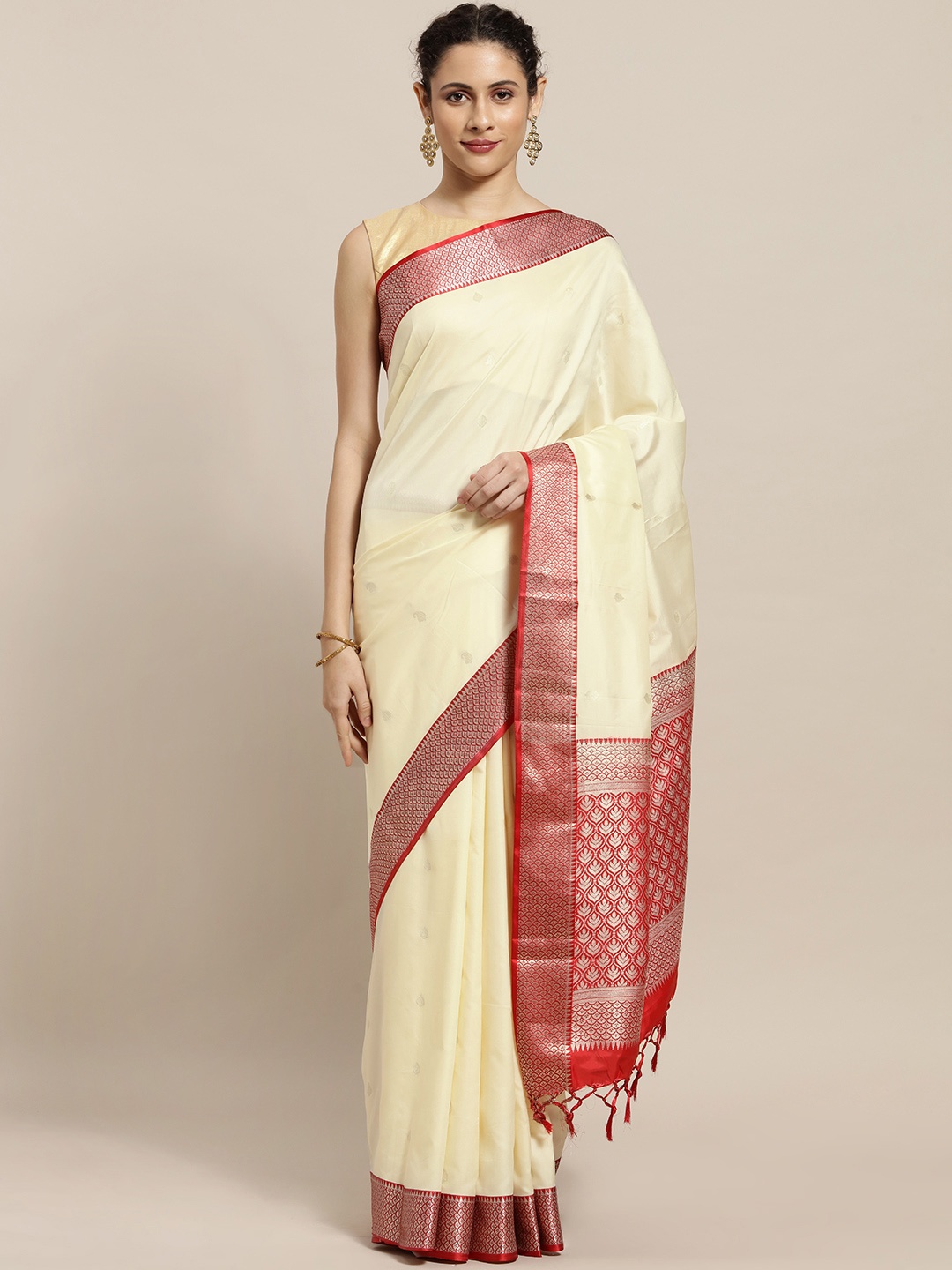 

Varkala Silk Sarees Cream-Coloured & Red Silk Blend Woven Design Kanjeevaram Saree