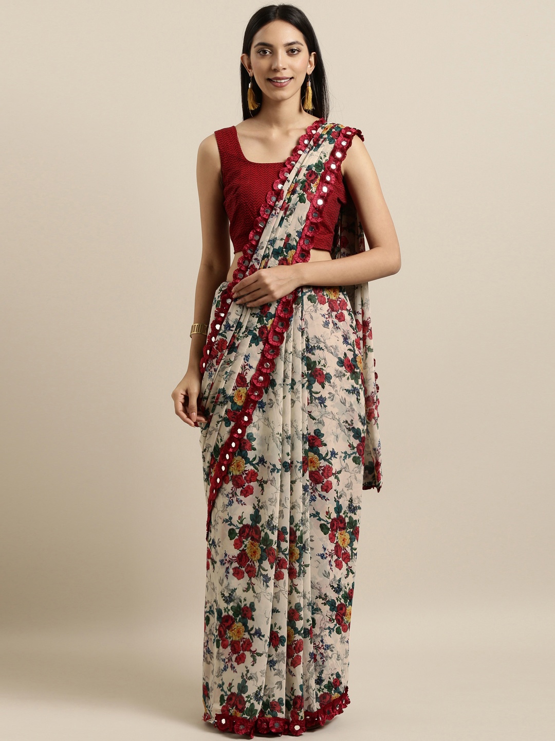 

Tikhi Imli Off-White & Maroon Poly Georgette Printed Saree