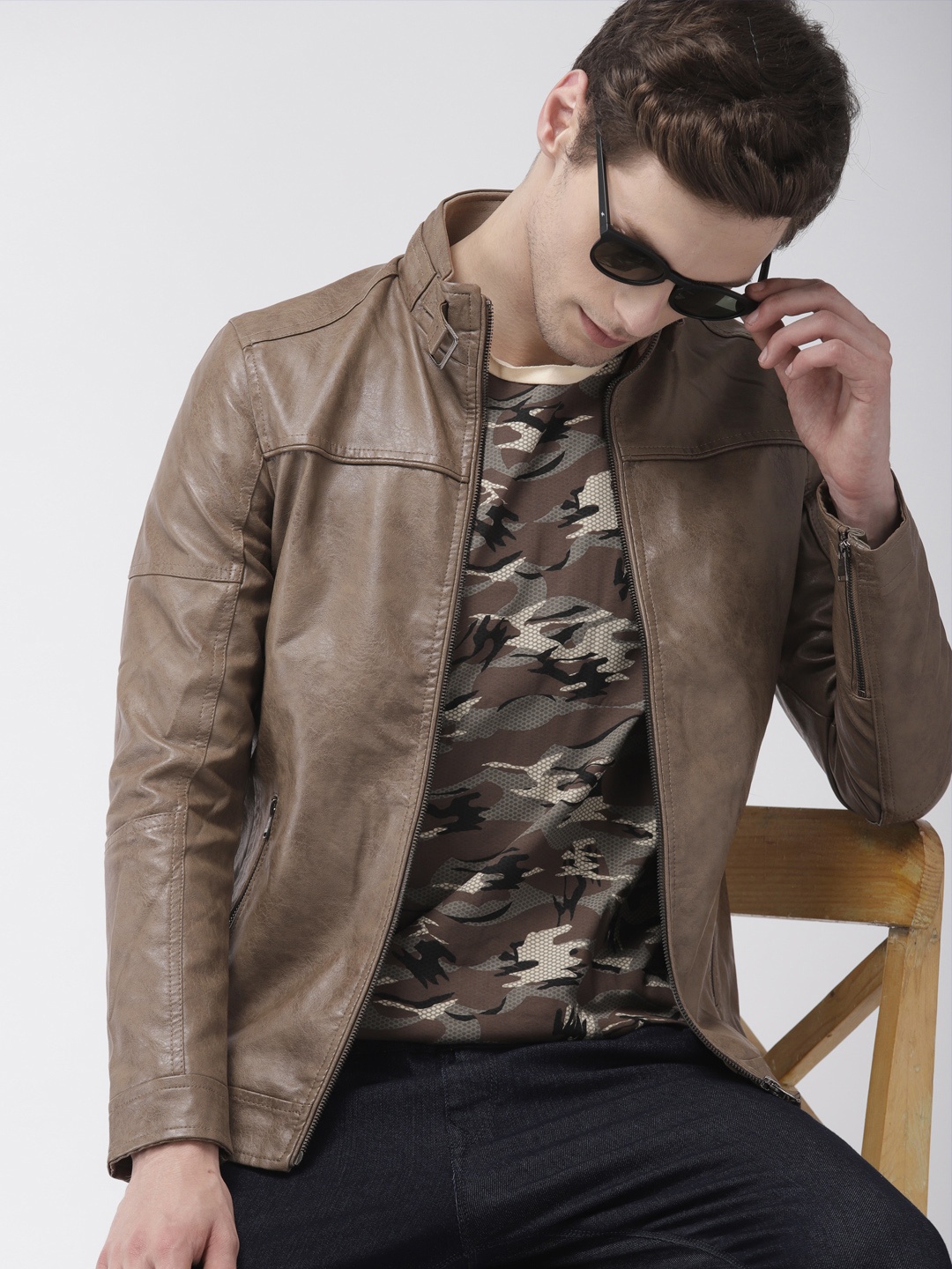 

The Indian Garage Co Men Beige Solid Biker Jacket