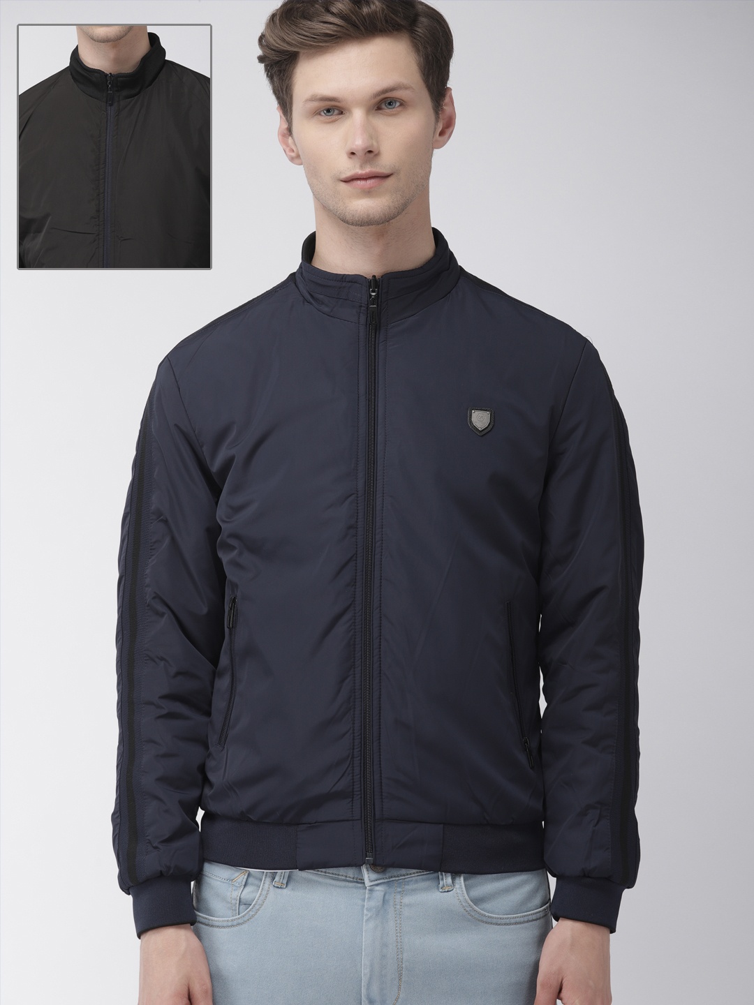 

The Indian Garage Co Men Navy Blue & Black Solid Reversible Padded Jacket