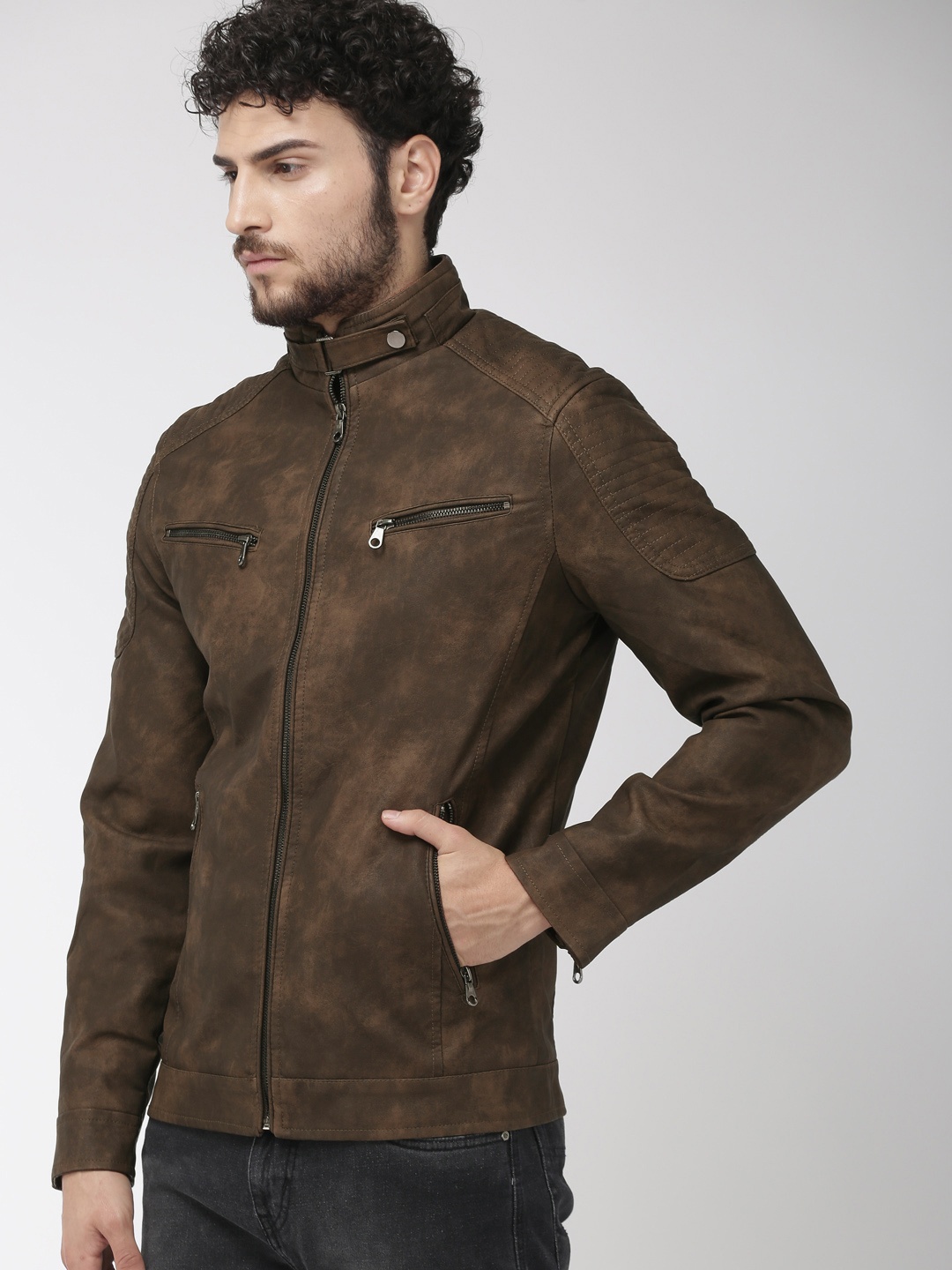 

The Indian Garage Co Men Olive Green Solid Biker Jacket