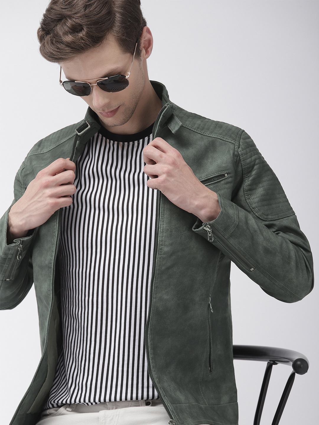 

The Indian Garage Co Men Olive Green Solid Biker Jacket