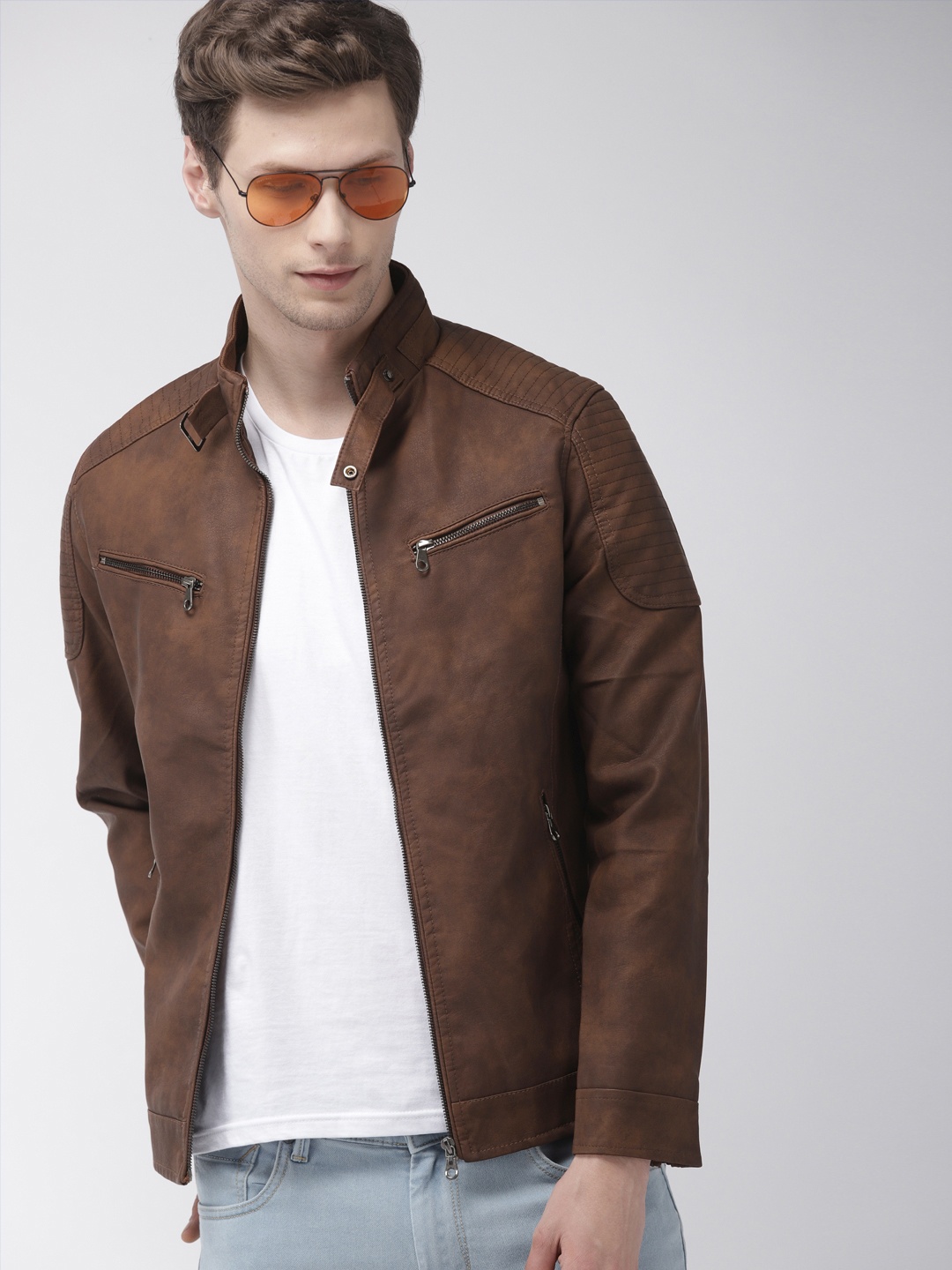 

The Indian Garage Co Men Brown Solid Biker Jacket